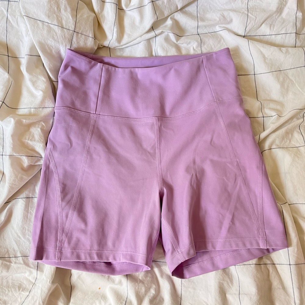 Girlfriend Collective Lilac Run shorts (shorter inseam than bike shorts)